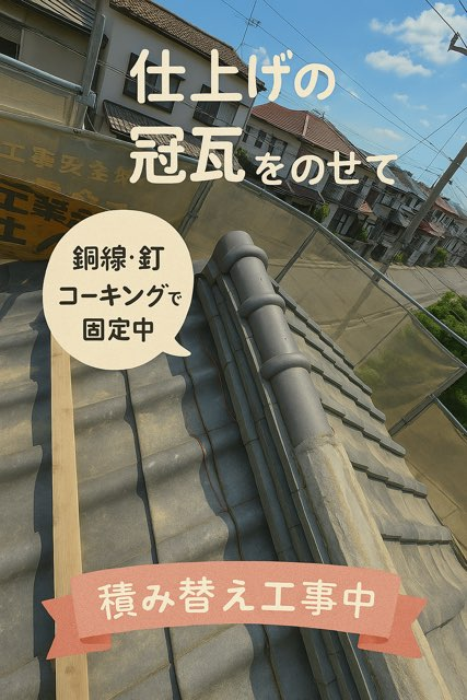 瀬戸市西山町にて棟の積み替え工事仕上げの冠瓦を設置・固定