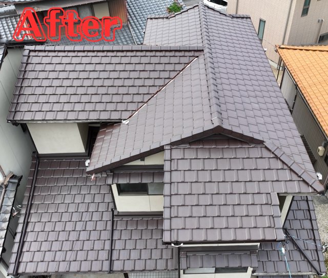春日井市高蔵寺町にて葺き替え工事完了によりドローンによる屋根の上空写真