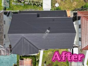 多治見市希望ヶ丘にて鳩小屋付き屋根カバー工事完成ドローン上空写真