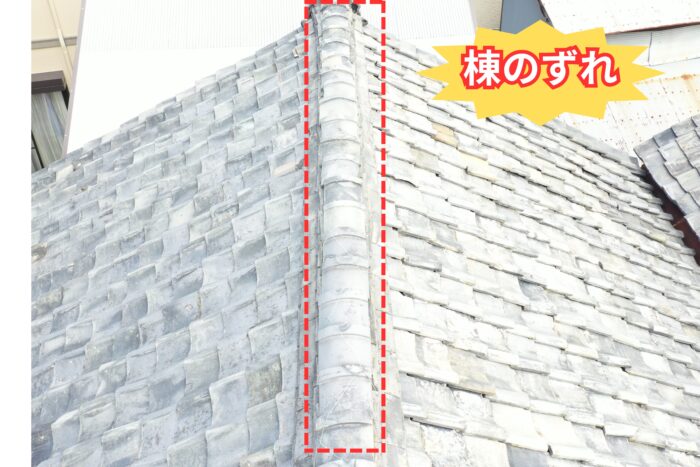 棟瓦の漆喰が風雨で剥がれ落ち、瓦が動いている状態