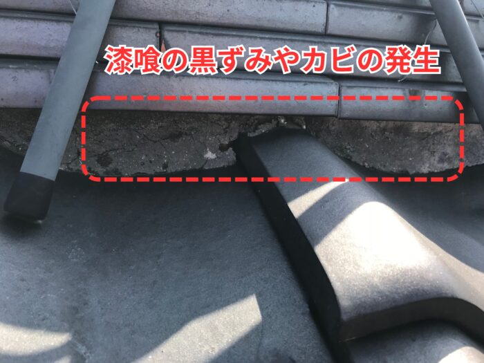 棟瓦根本の漆喰にひび割れが入り、黒ずみやカビの発生が見られる。経年劣化による防水性低下を示している。