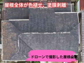 上空から撮影したスレート屋根。広範囲で退色と塗膜剥離が見られる様子。