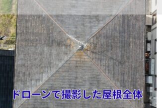 屋根全体を真上から撮影した写真。スレート全面に色あせと苔が広く分布している。