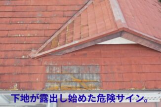 カラーベスト屋根の塗膜が大きく剥がれ、色あせと苔が広範囲に見られる劣化状態の写真
