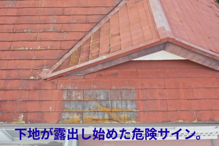 カラーベスト屋根の塗膜が大きく剥がれ、色あせと苔が広範囲に見られる劣化状態の写真