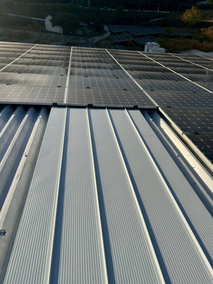太陽光パネルが設置された折板屋根と、トップライト撤去後に新しく施工された金属屋根部分の様子。