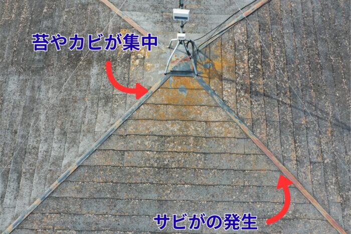 棟板金の周辺に錆や変色が強く出ている様子。アンテナの脚元にも錆が見られる。