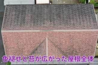 色褪せと苔が広がったスレート屋根の全景