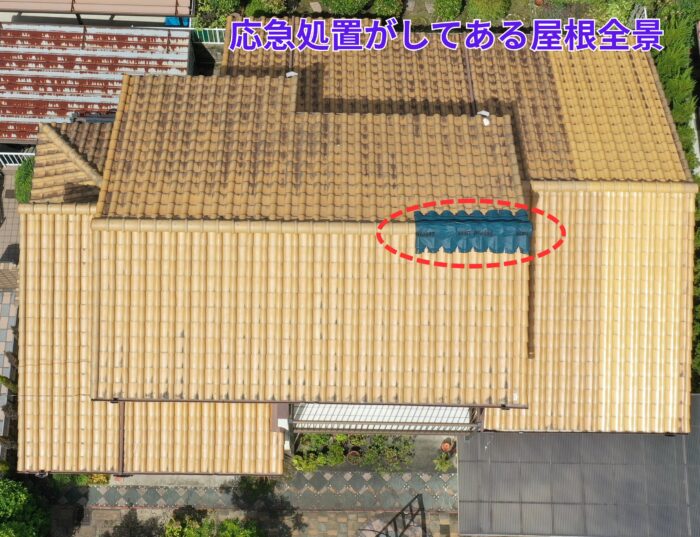 色あせた瓦屋根全体と棟部分の補修跡が確認できる様子