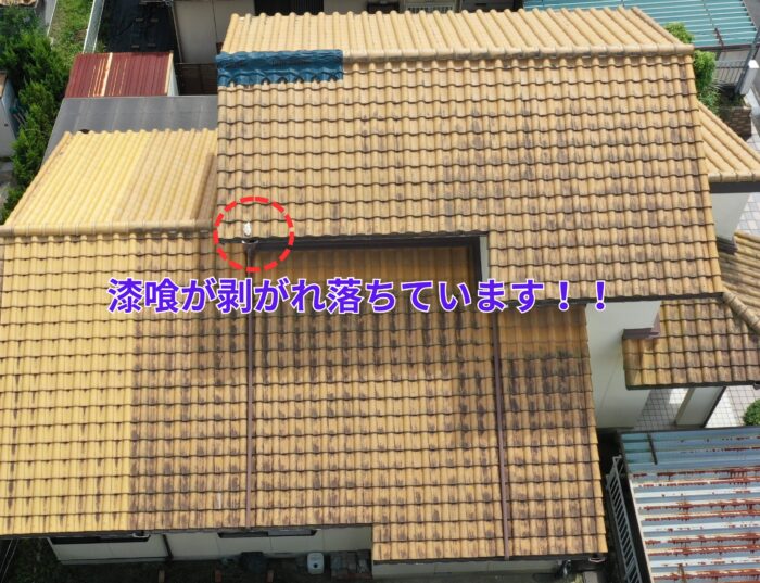 屋根中央部分に広がる黒い汚れや劣化の様子
