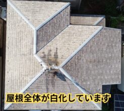 ドローンで撮影したスレート屋根全景　屋根全体に白化現象が広がっている様子