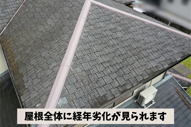 可児市中恵土のスレート屋根全体に経年劣化が見られた現地調査