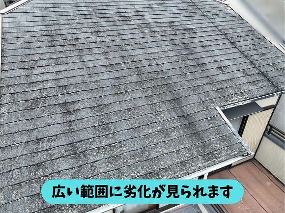 春日井市篠木町のスレート屋根に広がる色あせや苔の付着