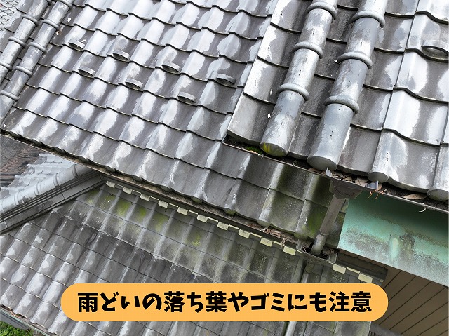 瓦屋根の軒先にある雨どい付近に落ち葉や汚れがたまっている様子