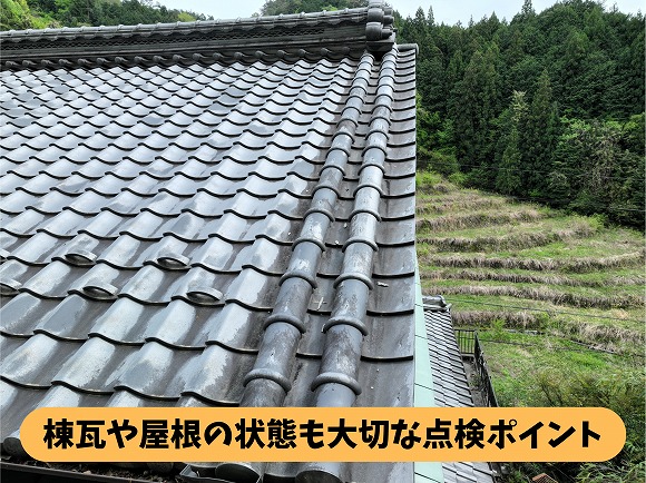 瓦屋根の表面と棟部分の状態を確認できる屋根の近接写真